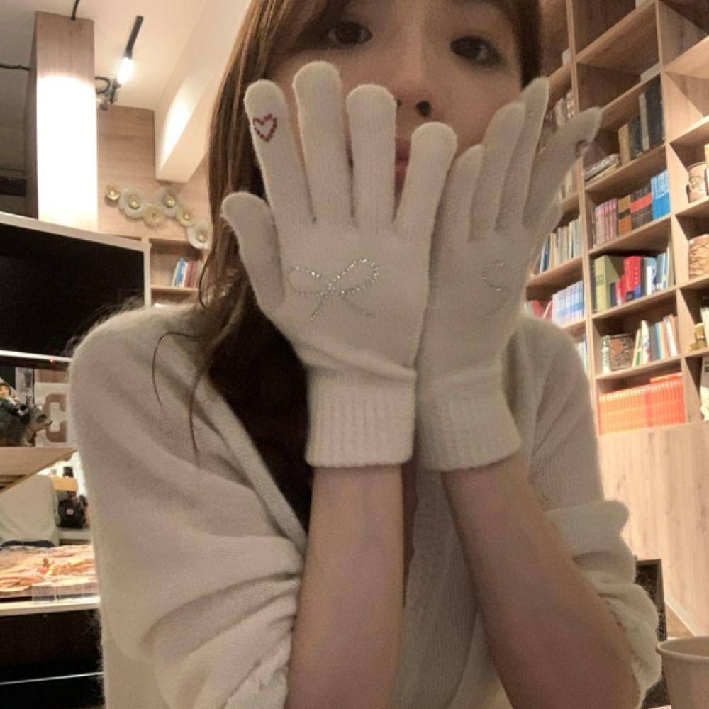 Warm Bow Rhinestone Gloves Thicken Winter Gloves Fashion Knitted Gloves  Girls