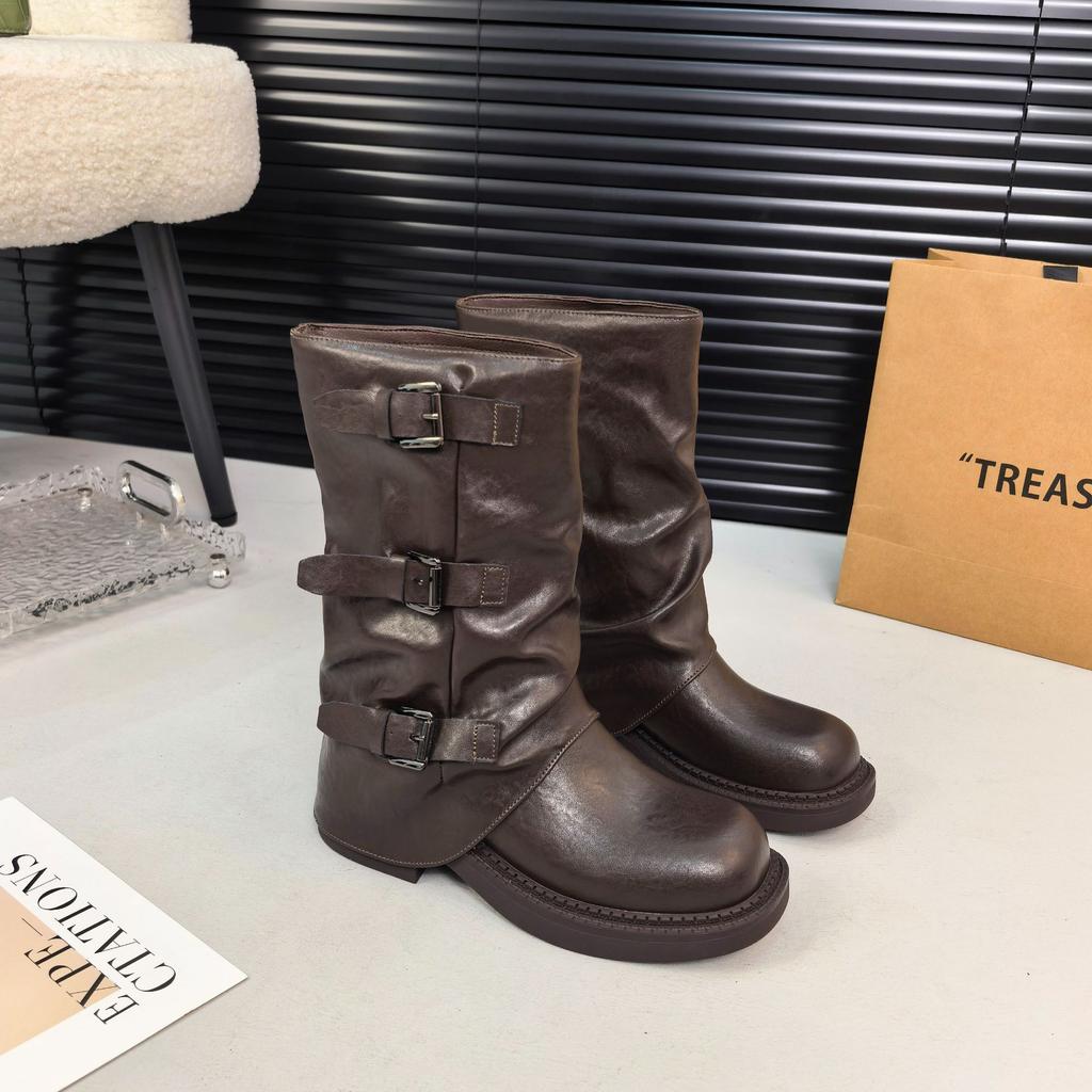 25-921 Retro Thick-heeled Medium Boots Knight Boots 2025 Spring and Autumn New Thin Piled Small Short Boots Niche Women's Shoes