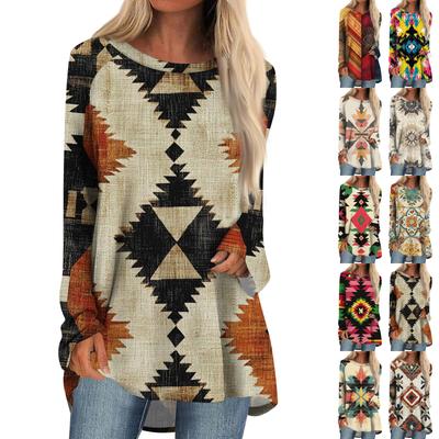 Damenmode Lässig Langarm Print Rundhals Pullover Top Bluse