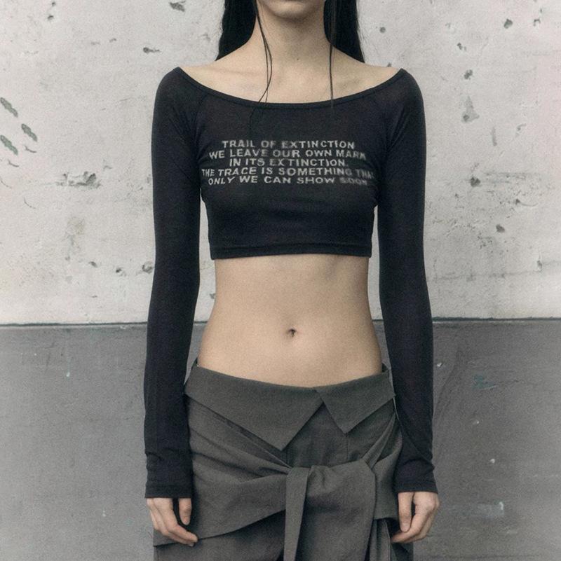 

AltGoth Streetwear Эмо Alt Футболка Женская Торговый центр Готический Харадзюку Винтаж Гранж Буквы Печатные Длинные Рукава Прозрачные Укороченные Футболки Топы