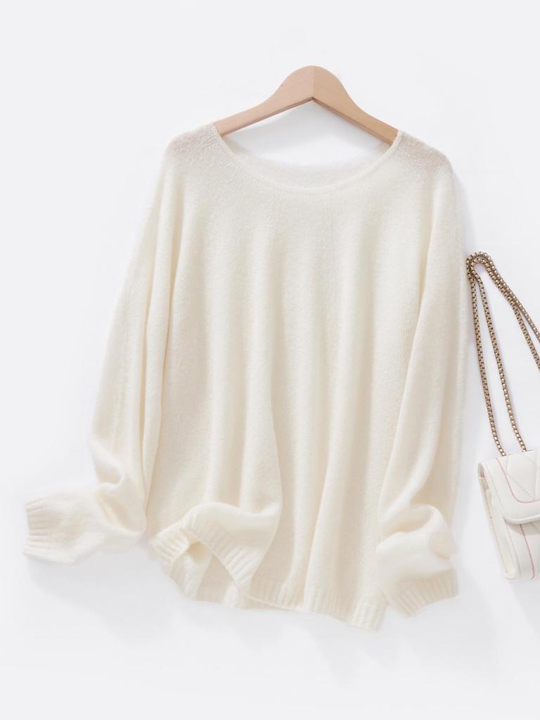Royal Velvet Series: Women's One-Shoulder Loose Knit Pullover - Mulberry Silk, Cashmere & Wool Sweater