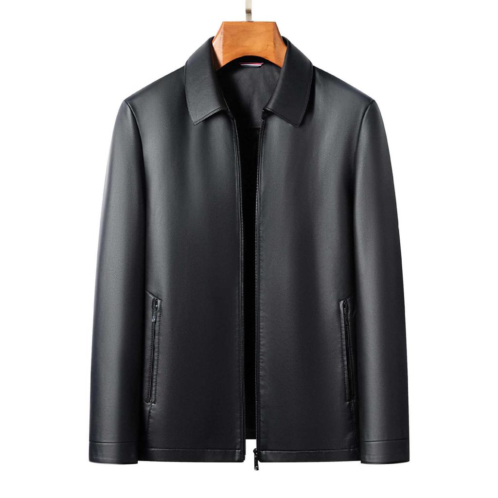 Men's High-End Genuine Sheepskin Leather Jacket, Business Casual Stand-Up Collar, Fleece-Lined for Middle-Aged.