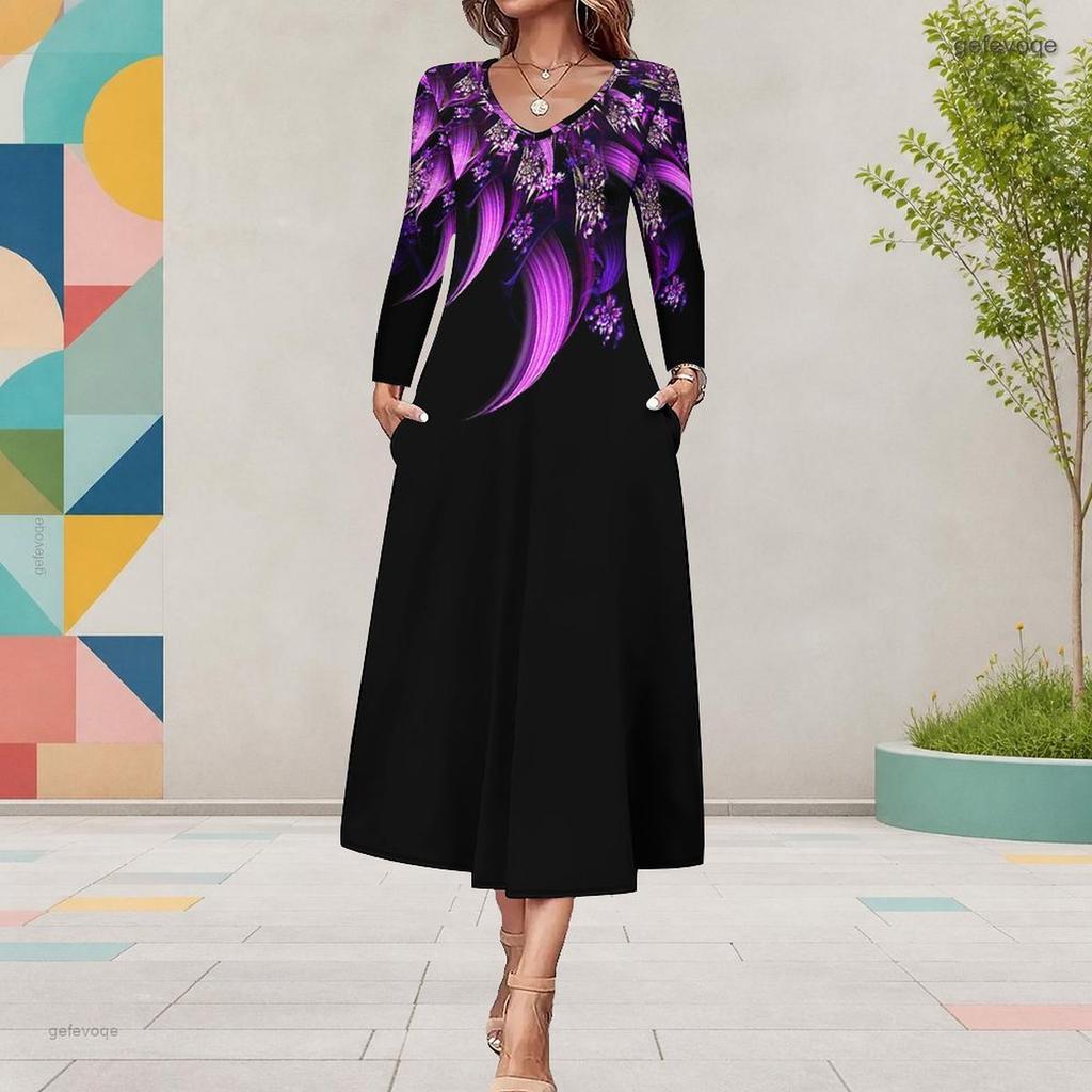 Women s Plus Size V Neck Long Sleeve Printed Black Purple A Line Midi Dress With Pockets