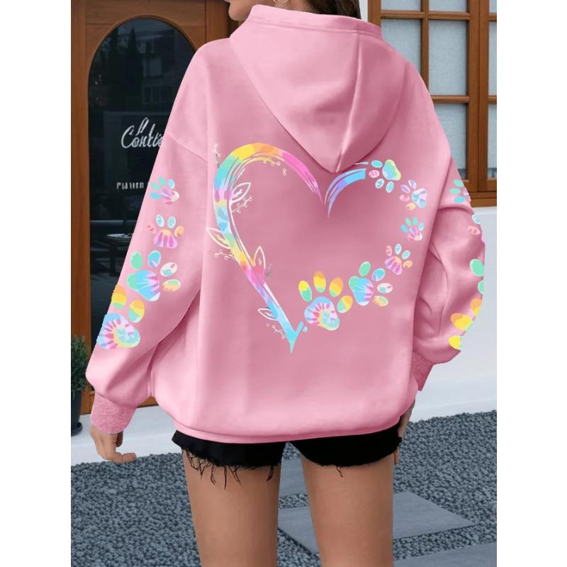 Heart Dog Paw Printed Hoodies Women Casual Fashion All Match Hoody Warm New Pullovers Trend Hooded Sweatshirts