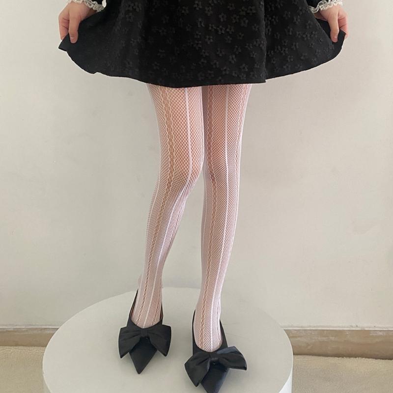 Women See Through Fishnet Mesh Pantyhose Stockings Japanese Aesthetic Hollowed Vertical Striped Pattern Tights Leggings