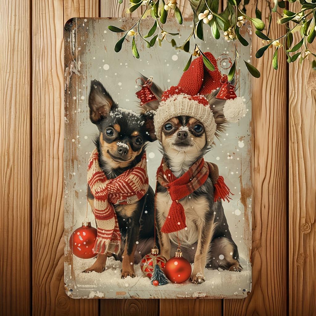 1pc Vintage Christmas Dog Metal Tin Sign, Iron Wall Art with Aluminum Foil Carving, Festive Home & Outdoor Decor, 8x12 Inches