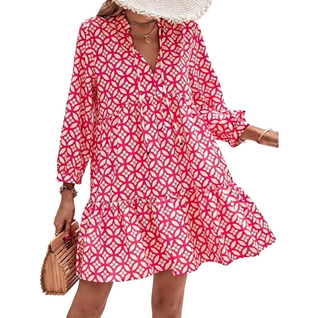 Women's Fashionable V-neck Fresh Printed Temperament Seven Inch Sleeve Dress
