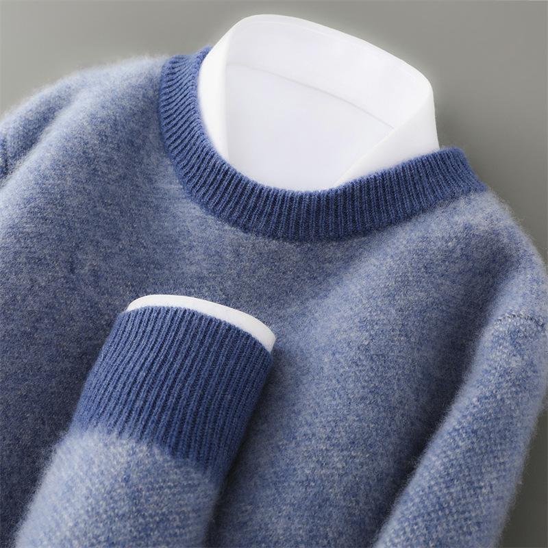 Men s 100% Pure Wool Color Block Round Neck Sweater - Thickened, Loose, Casual Cashmere Knitwear. 3XL
