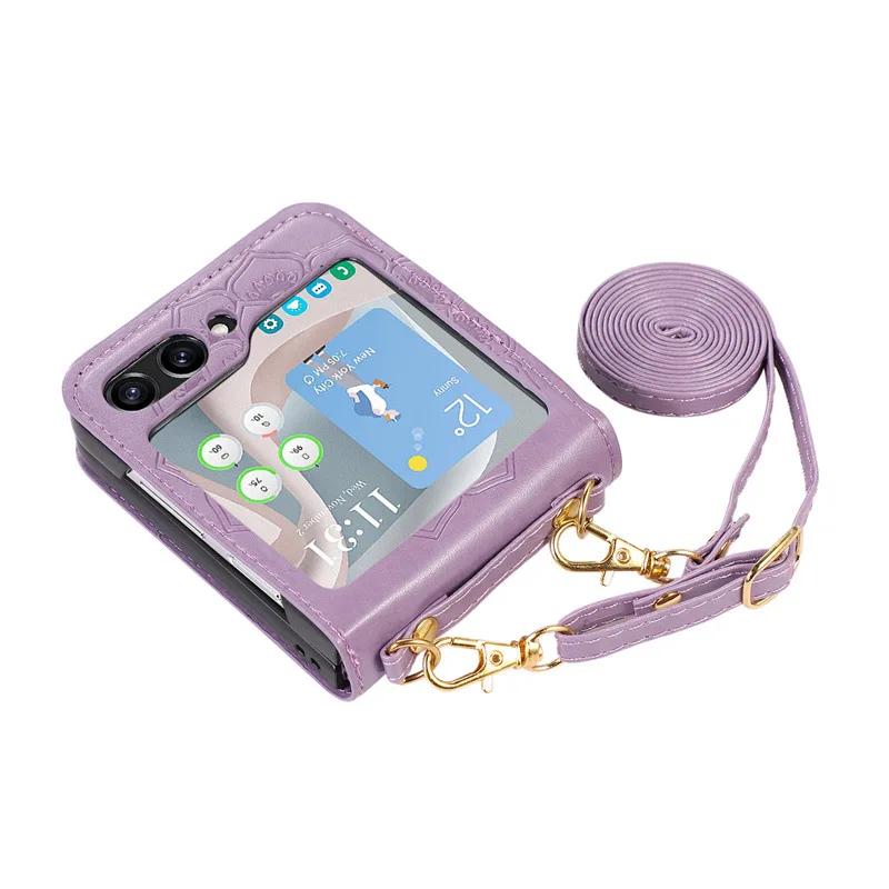 Crossbody Lanyard Flower Mandala Phone Case for Samsung Galaxy Z Flip 5 Flip5 5G PU Leather Shockproof Cover