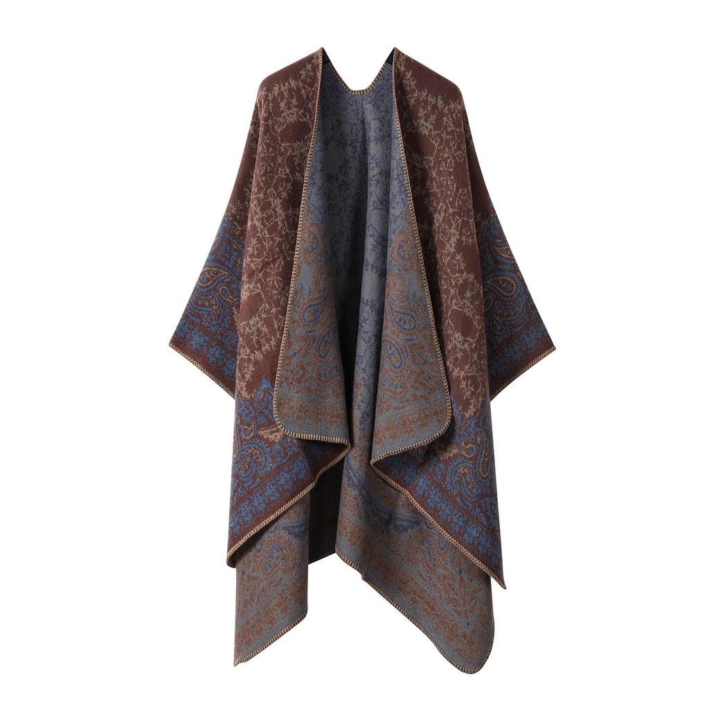 Women's Double-Sided Tassel Shawl Cloak - Classic Slit Design, Warm Travel Cape