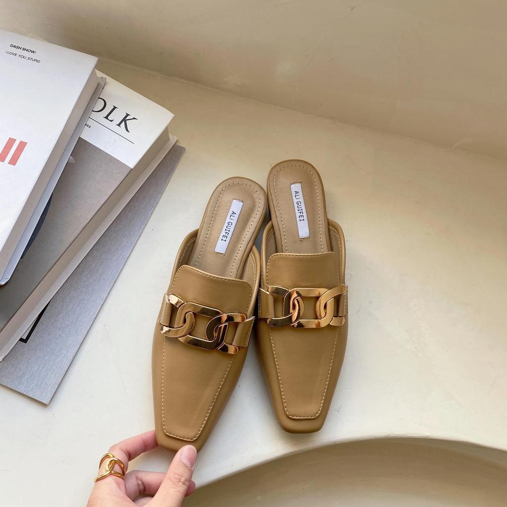 designer metal chains slippers women purple leather gladiator sandalias chains buckle summer slides shoes woman mules