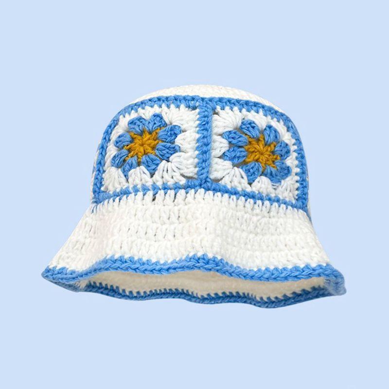 2023 Autumn New Crochet Korean Handmade Bucket Hat Women Weaving Knitted Hat Y2k Fashion Flowers Autumn Winter Beanies Basin Cap