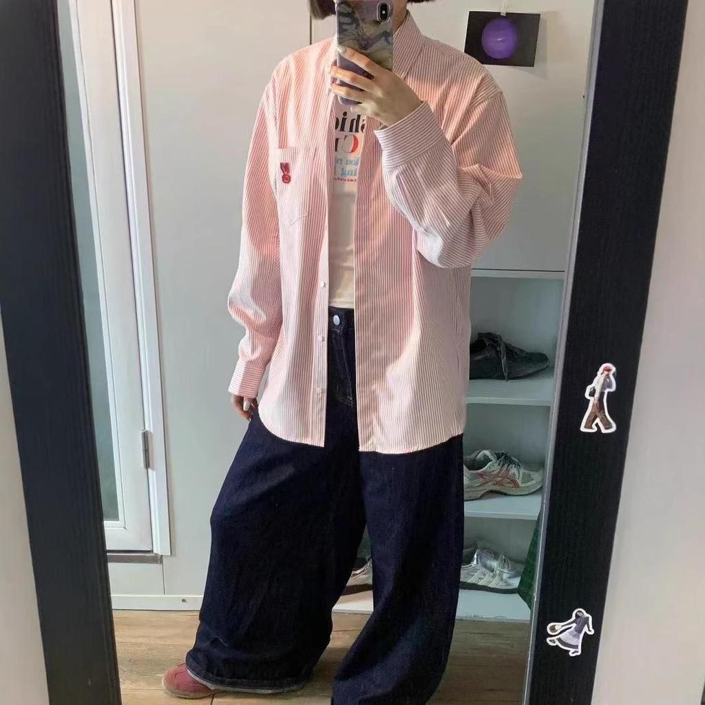 Women's Spring/Summer Pink Striped Shirt with Japanese Sweet Rabbit Embroidery - New Lazy Style Design