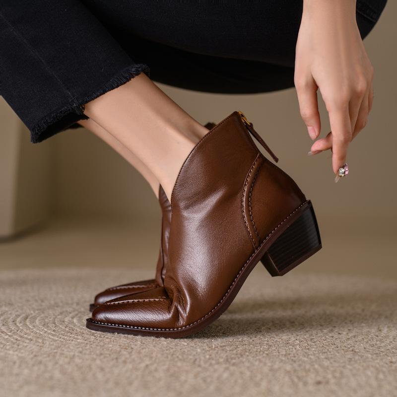 Pointed Thick Heel Short Boots Women's Autumn and Winter New Women's Boots Retro Handmade Low Heel Small Leather Boots Single Boots