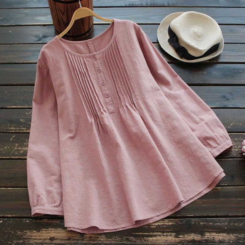 Loose Cotton Linen Long Sleeve Pleated Round Neck Plus Size Women S Shirt