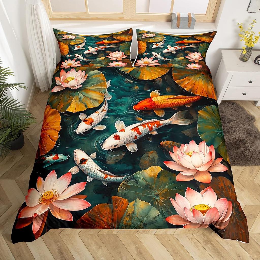Comforter Koi Fish Full Queen Japanese Cherry Blossom Tree Bedding Set Marine Sealife Comforter For Kids Teen Room Decor
