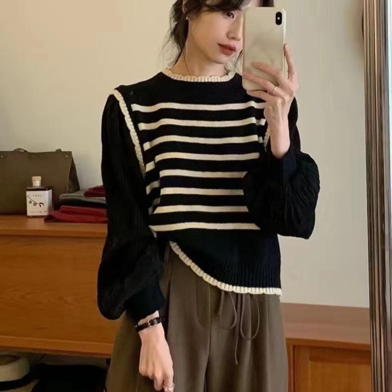 

Женский свитер в стиле «два в одном» с рукавами-пузырями, французский, осенне-зимний, полосатый топ с длинными рукавами One Size чёрный