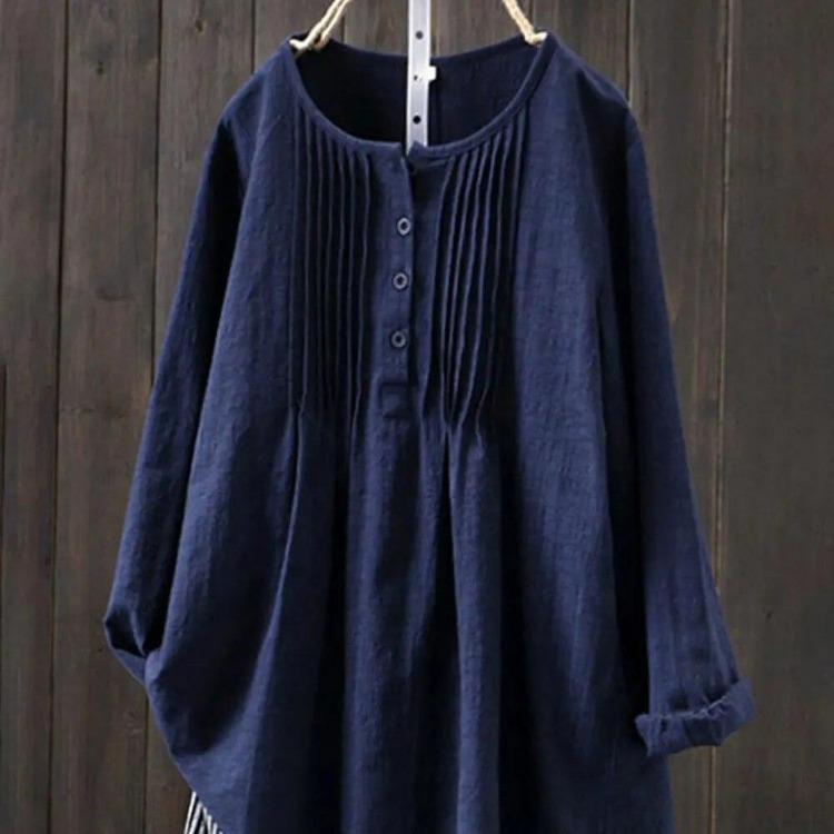 Women's Casual Loose Long Sleeve O-Neck Shirt Autumn Cotton Linen Top Retro Harajuku Solid Color All-match Large Size Blouse