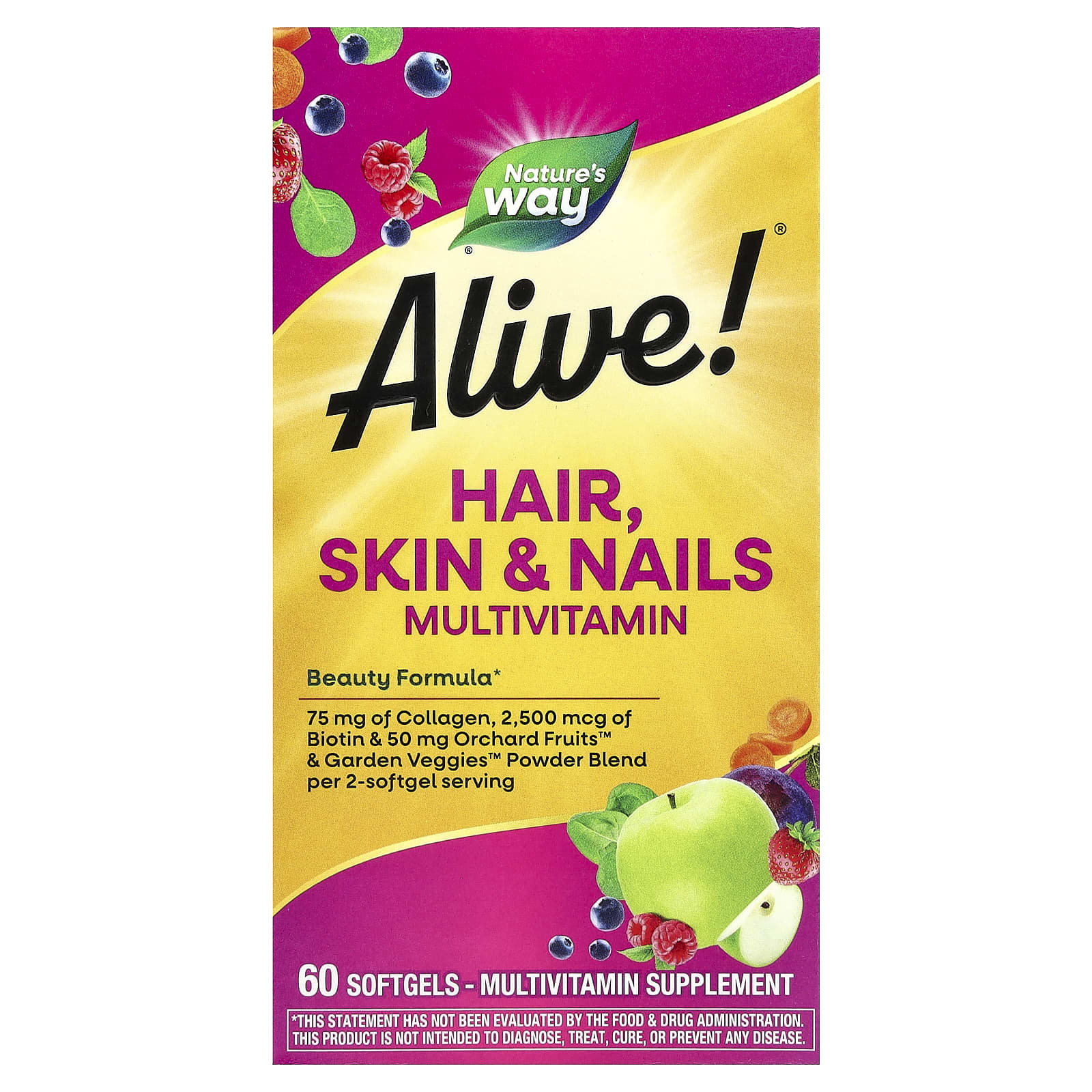 

Nature S Way, Alive!® Hair, Skin, Nails Multivitamin, Strawberry Flavor, 60 Softgels