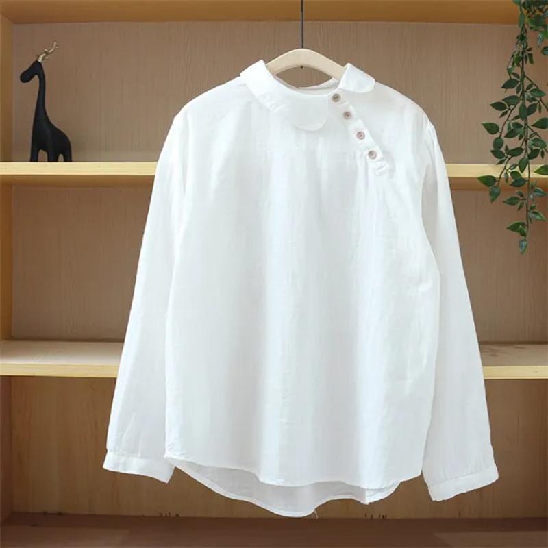Women White Asymmetric Peter Pan Collar Linen Cotton Blouse M