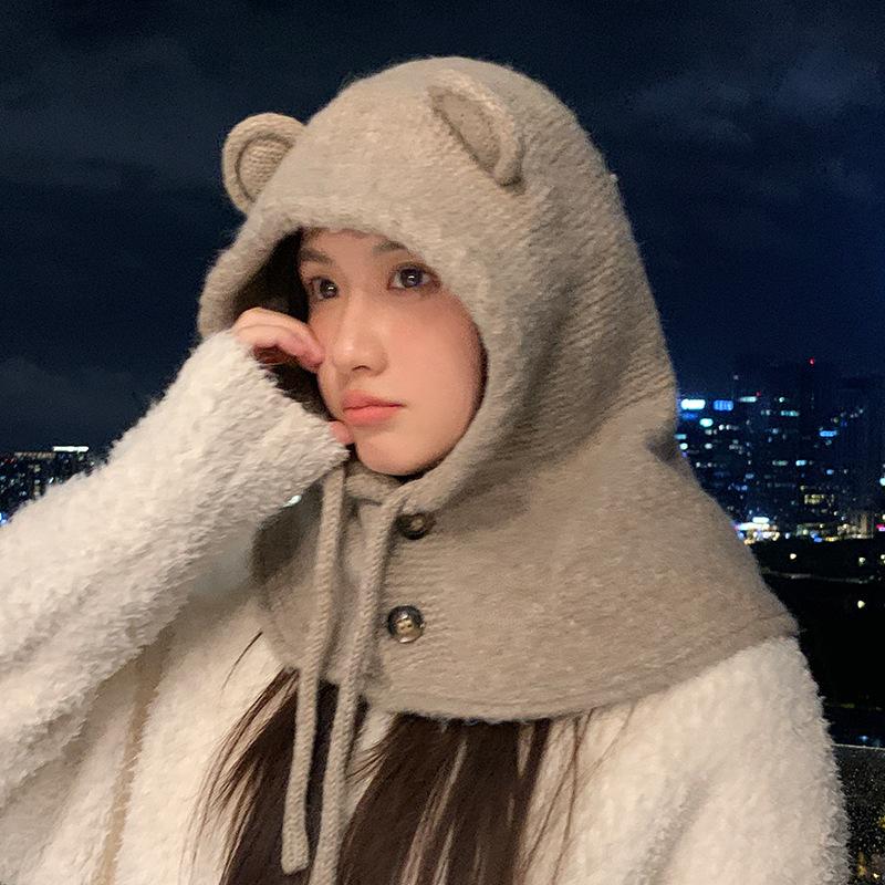 Balaclava hat autumn and winter hat women's thermal wool hat bear ears scarf integrated knitted hat