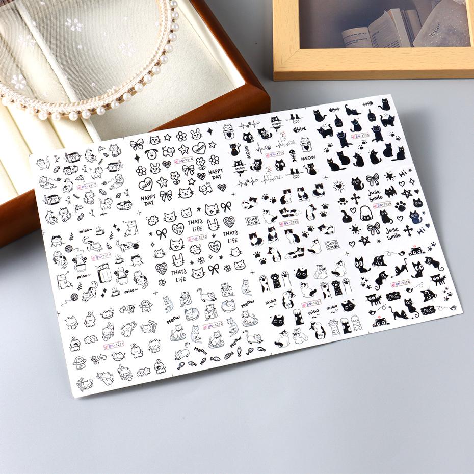 12pcs Cartoon Cute Cat Stickers For Nails Star Flower Bow Nail Water Decals Sliders Korean Japanese Nail Art Manicure Decoration