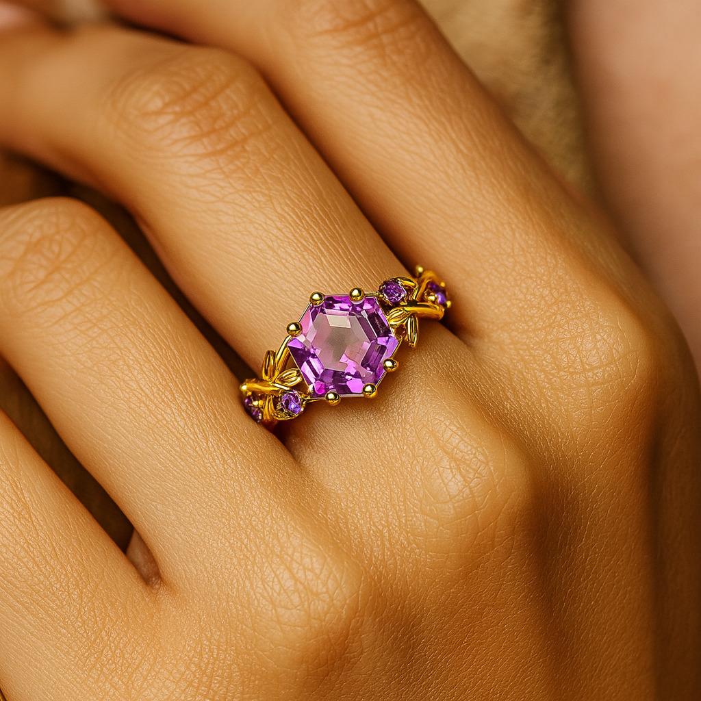Hexagon Amethyst Engagement Ring – Yellow Gold Plated Leaf Wedding Band for Women | February Birthstone Promise, Anniversary Gift