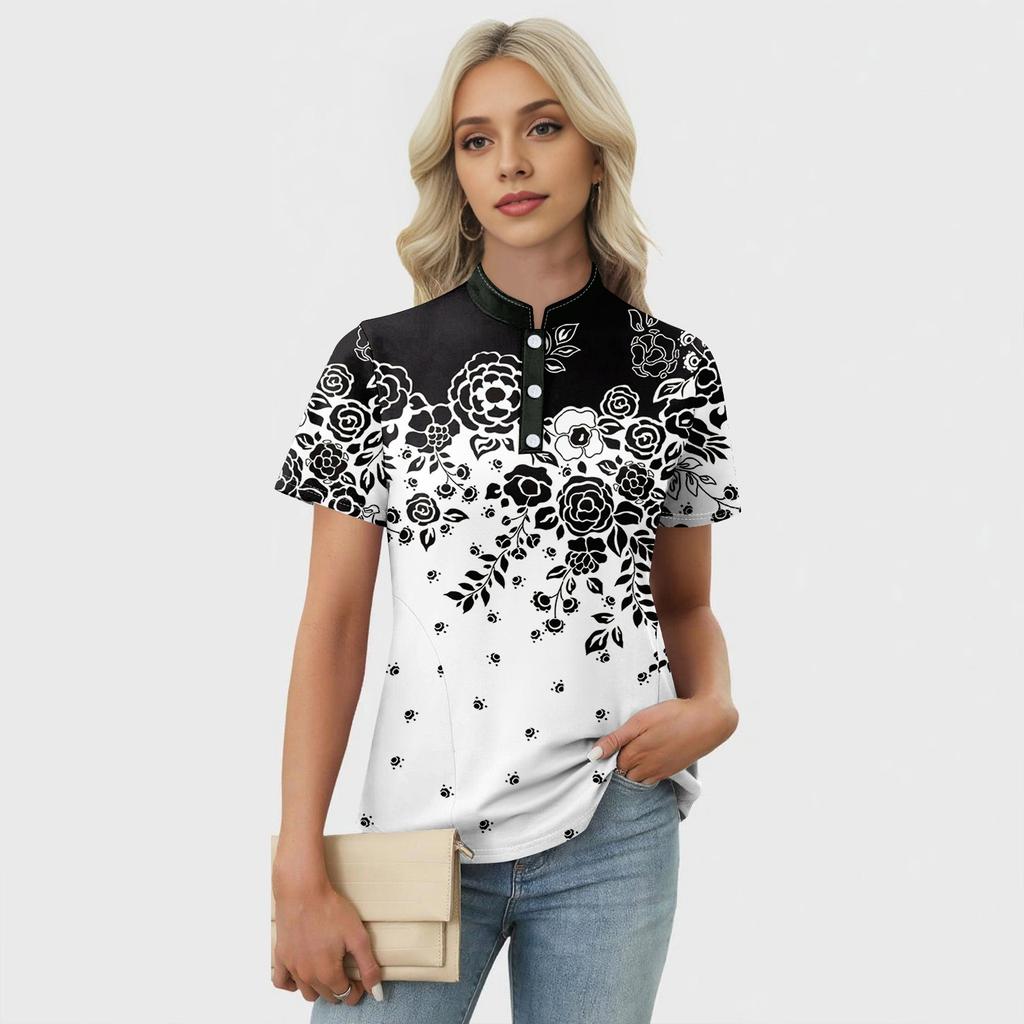 Women's Casual Floral Print V-Neck Short Sleeve Decorative Button T-Shirt Top