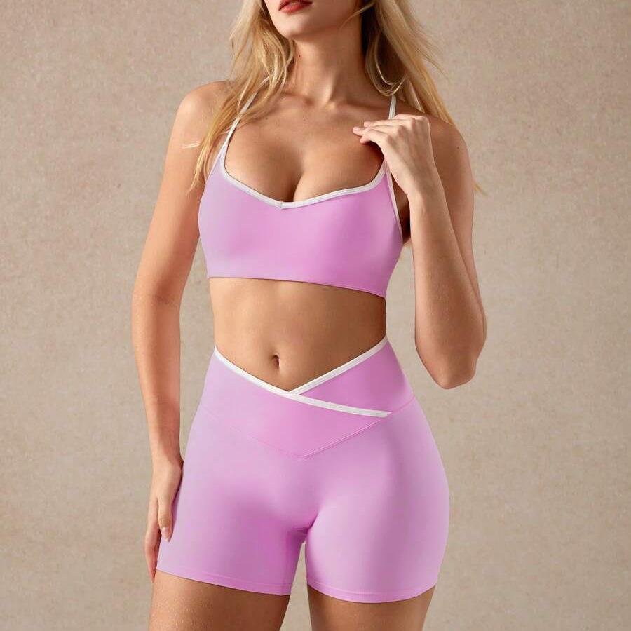Contrasting colors, sexy back, sports underwear, yoga suit, fitness shorts, Pilates yoga suit, two-piece set for women