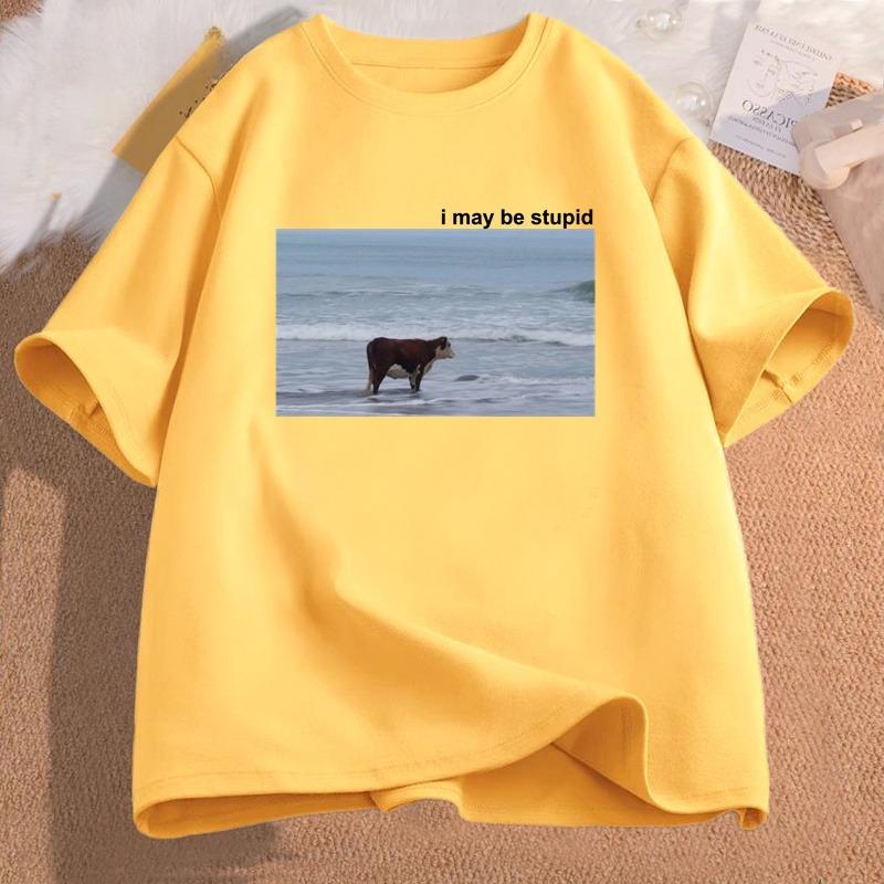 Ich bin vielleicht eine dumme Kuh am Strand Lustiges Meme T-Shirt Baumwolle Kurzarm Damenmode Rundhals-T-Shirt Lässiges Gemütliches Baumwoll-T-Shirt