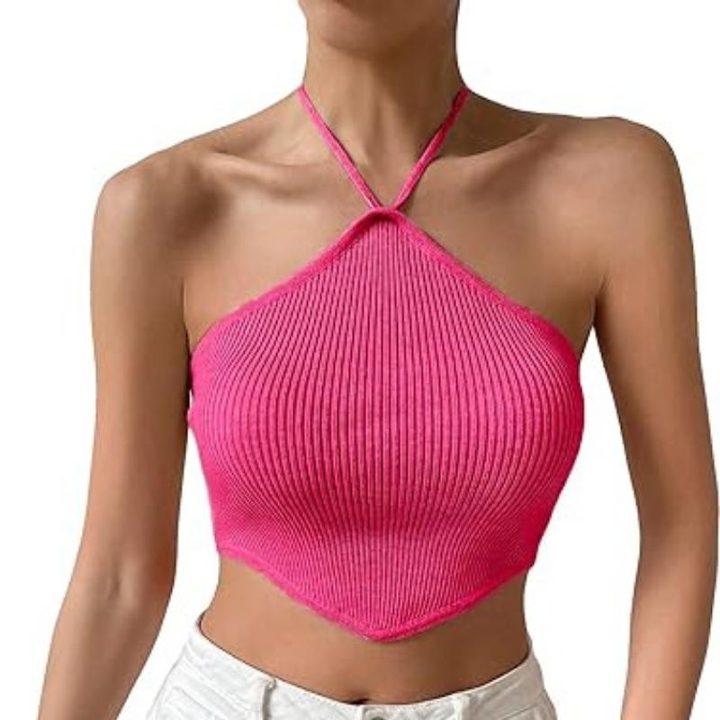IHUASU Women's Sexy Spice Girl Temperament Short Backless Neck Tie Knit Vest Top