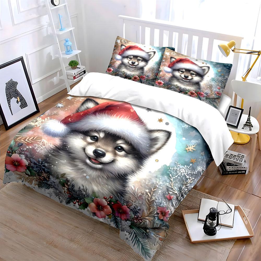 Cute Christmas Puppy with Flowers Bedding Duvet Cover Set Duvet Cover Pillowcases  (1*Duvet Cover 2*Pillowcases, Without Duvet Insert)