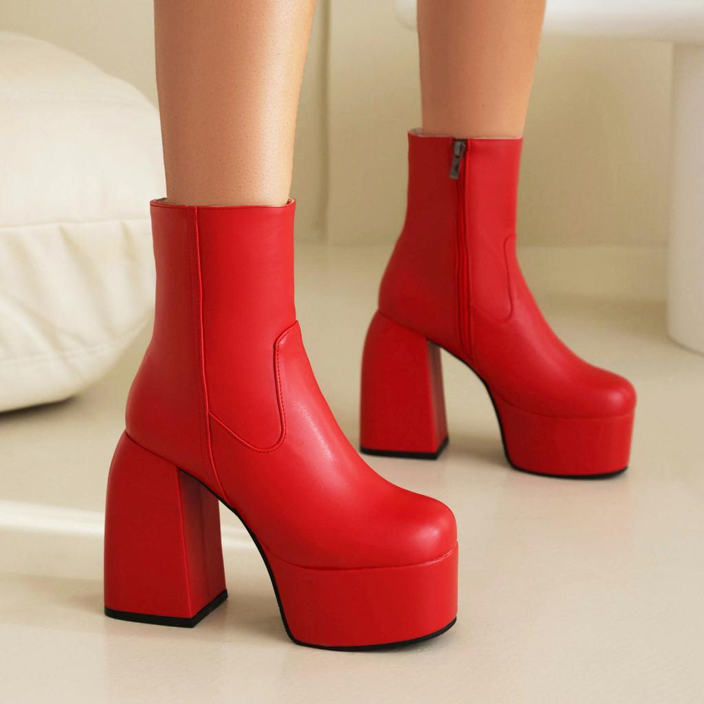 Round Head Thick High Heel Waterproof Table Short Boots Women's Fashion Legs Boots Leather Boots Large Size Boots