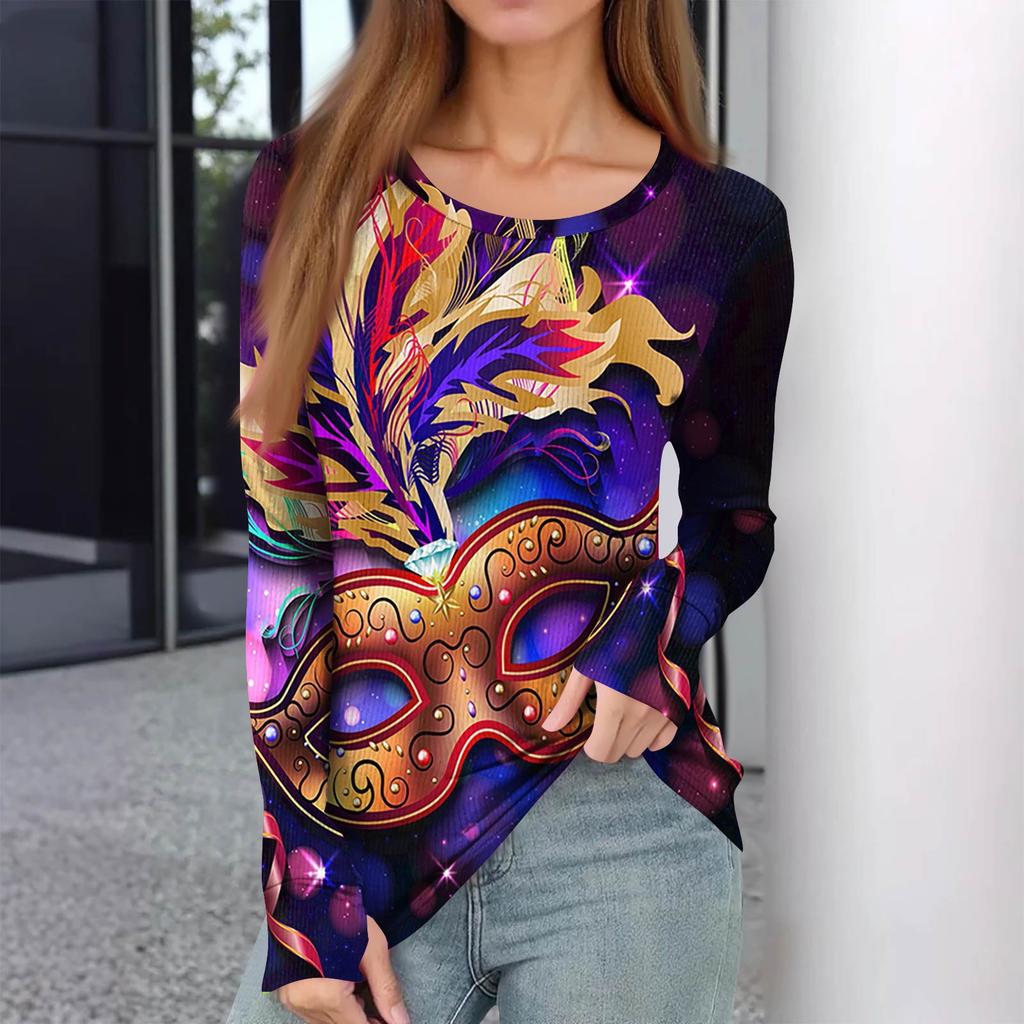 Women's Winter Slim Bottom T-shirt Fashion Casual  Printing Round Neck Pullover Long Sleeve Top