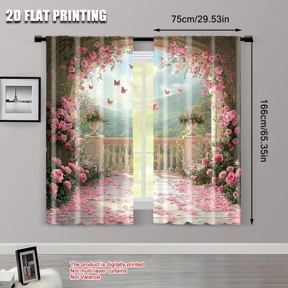 2pcs   spring summer Curtains Roses Balcony Mountain Butterfly View Light Filtering Sheer Curtains Versatile Polyester Fabric