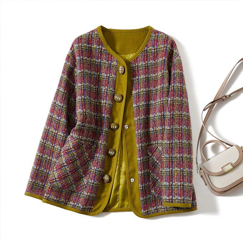 

Colorful Houndstooth Wool Single-Breasted round Neck Mid-Length Outerwear Women Quality Graceful Loose Top Autumn and Winter Flower color 4XL