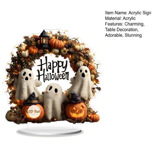 Halloween 2D Flat Acrylic Sign Cute Ghost Pumpkin Wreath Table Stand Decoration for Halloween Tiered Tray Home Office Decor