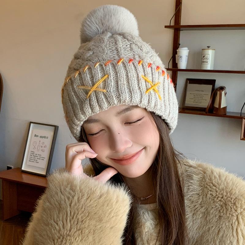 

Ankora Red Wool Ball Knitted Hat for Women Autumn and Winter New Style Plus Velvet Warm Ear Protection Woolen Hat Baotou Cold Hat Elastic (54-60cm)