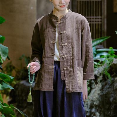 Women Chinese Style Shirts Tops Linen Patchwork Pockets Spring Blouses Stand Long Sleeve Women Shirts