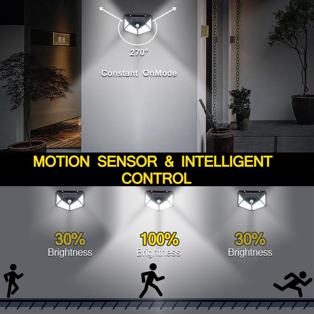100 de lumini solare cu LED-uri cu senzor de mișcare PIR, grădină, curte, 4 laturi, luminoasă, impermeabilă, lumina soarelui.