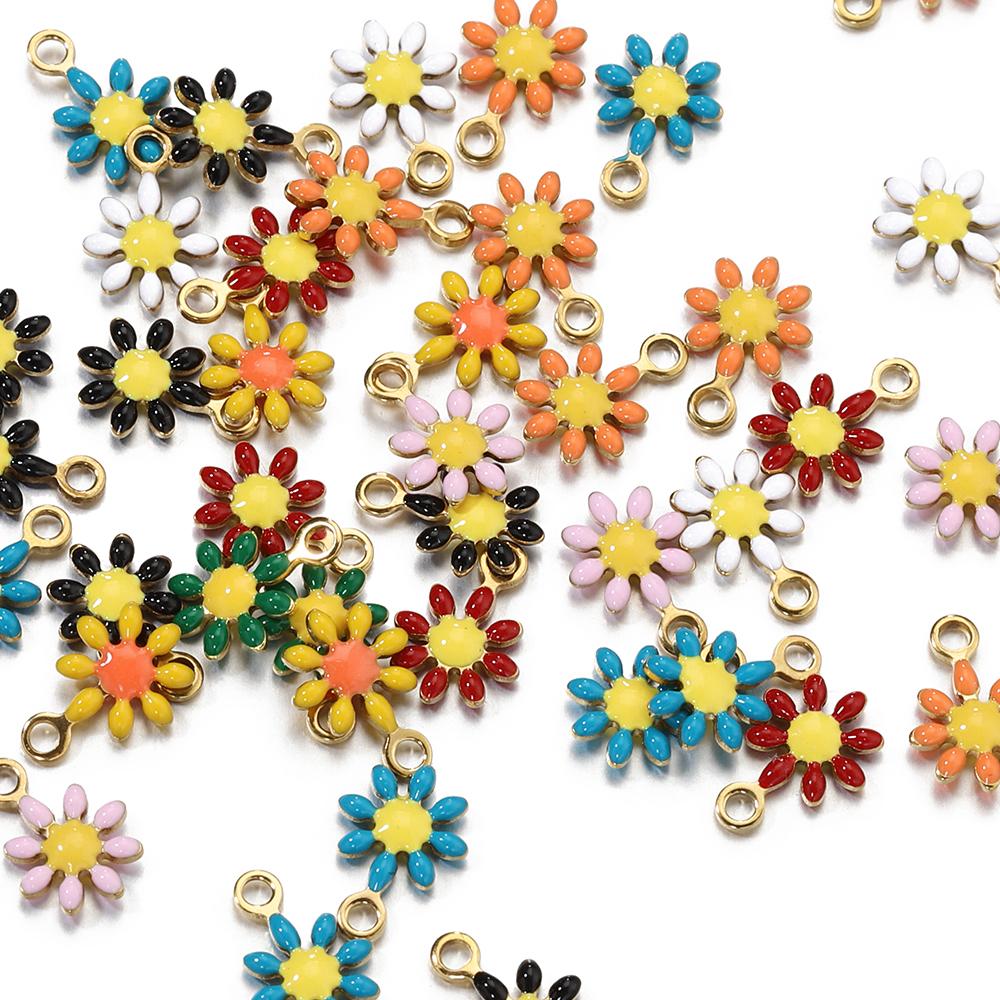 20pcs Enamel Daisy Flower Charms Stainless Steel Pendants Gold Color Beads for Bracelets Necklace Jewelry Making DIY No Fade