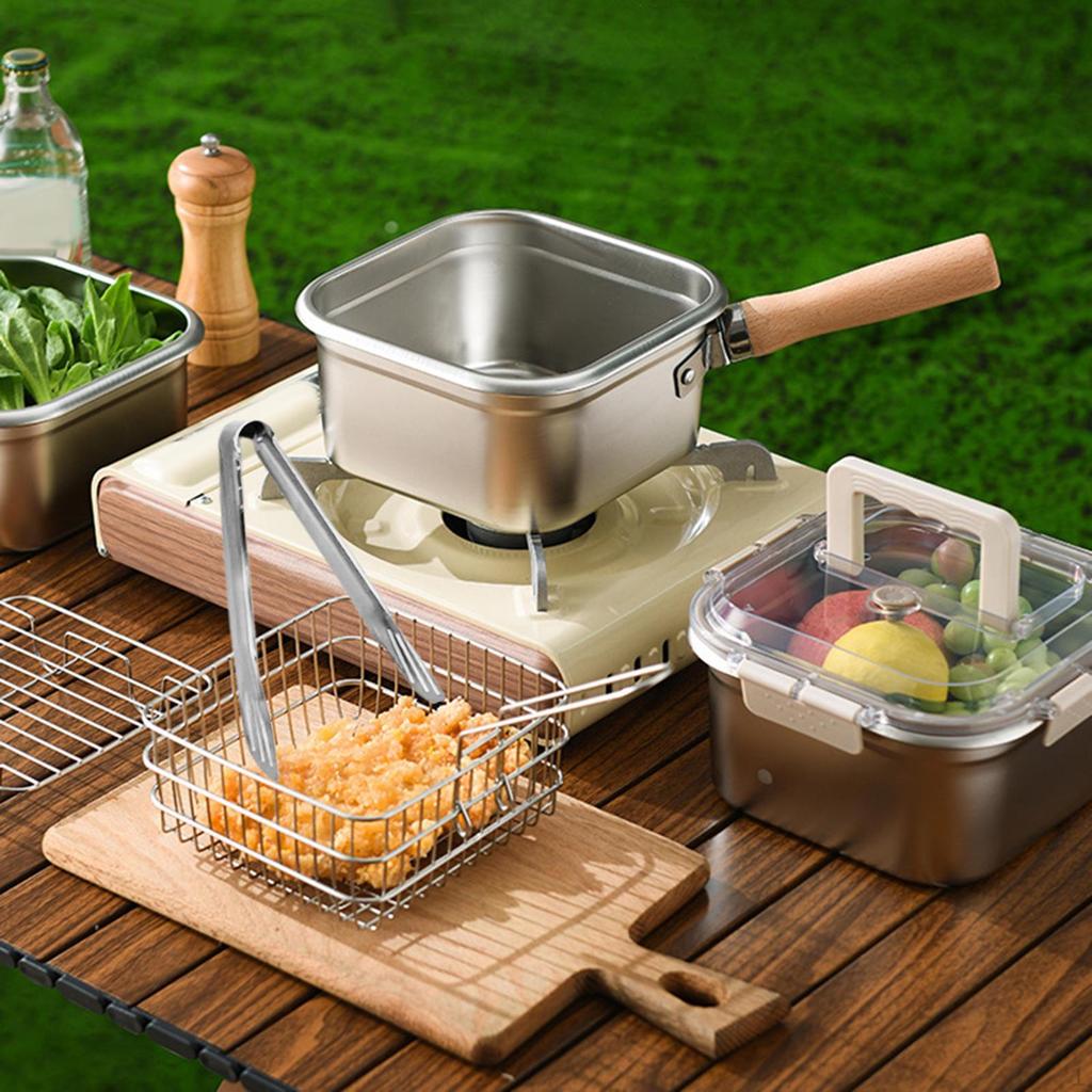Small Deep Fryer Pot Camping Multifunctional Square Easy Grip Handle Stainless Steel Cooking for