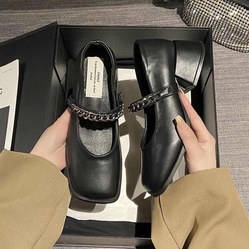Fashion Brown Mary Jane Shoes with Chain Decor Spring Autumn Square Toe VintagePumps for Women's Elegant Dress Shoes Zapatos De Mujer