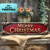 2D Flat Vintage Merry Christmas Metal Wall Sign 4x16 Inch, Golden Lettering Red Green Holiday Decor with Holly Berry Wreath Border, Rustic Easy-Hang