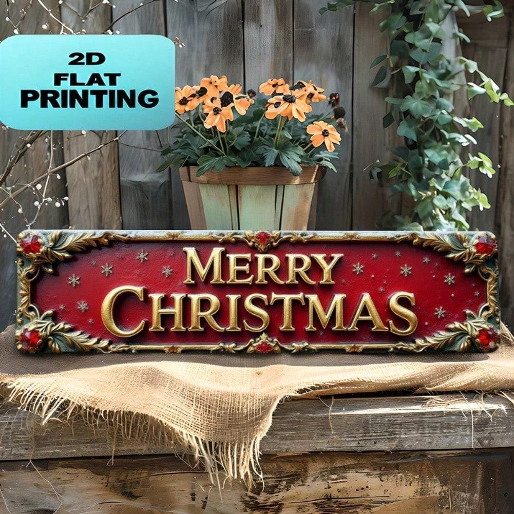 

2D Flat Vintage Merry Christmas Metal Wall Sign 4x16 Inch, Golden Lettering Red Green Holiday Decor with Holly Berry Wreath Border, Rustic Easy-Hang 10x40 разноцветный