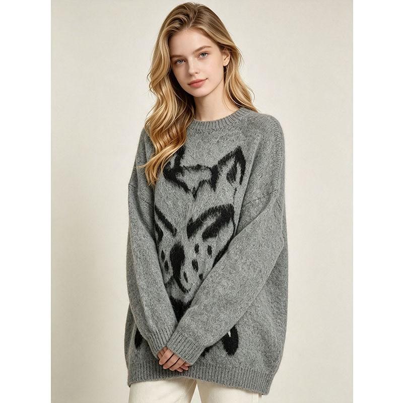 Oversized Fluffy Wolf Jacquard Knit Sweater Women Loose Fit Drop Shoulder Long Sleeve Winter Top