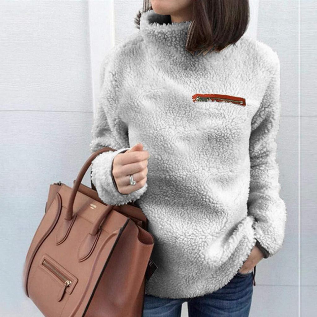 Womens  Solid Color High Collar Sweatshirt Warm Long Sleeve Pullover Tops Plush Fleece Blouse With Zipper