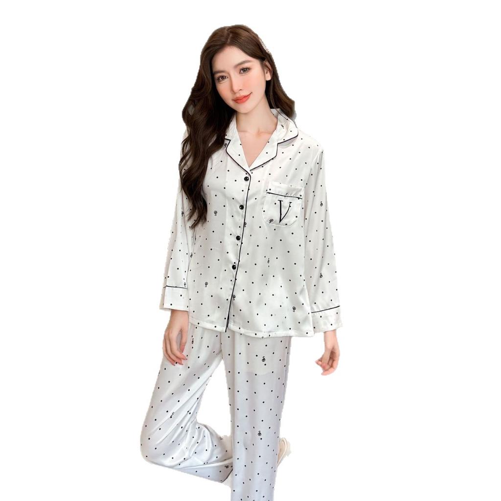 1011 Spring and Autumn New Internet celebrity polka dot big V comfortable pajamas women's long-sleeved trousers loungewear two-piece set