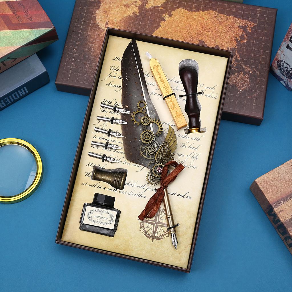 Retro Feather Pen Mechanical Feather Pen Steampunk Dip Pen Qixi Festival Gift Box Set Gift