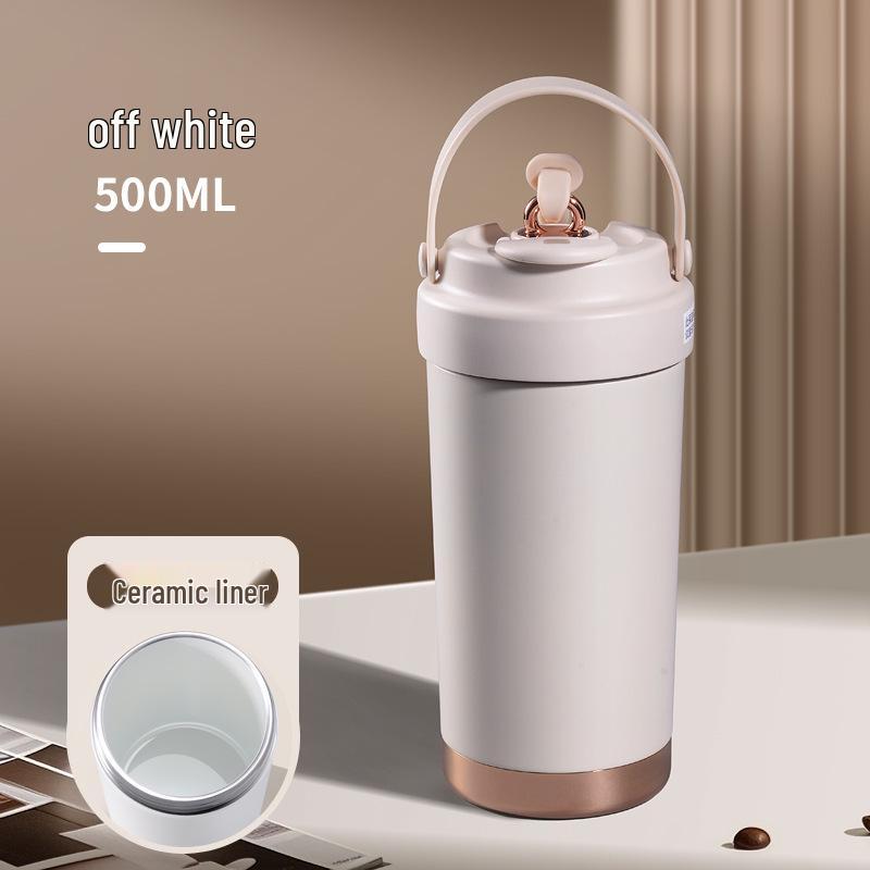 Premium Ceramic Coffee Cup with Straw - Insulated Double Wall Design for Men & Women, Cold/Heat Retention, Engraved Handle.